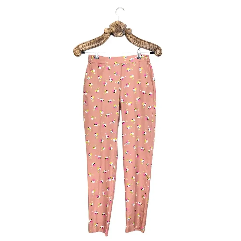 J. Crew Pants Pink Floral Pansies Print Satin Skinny Leg Pull On Trouser 0
